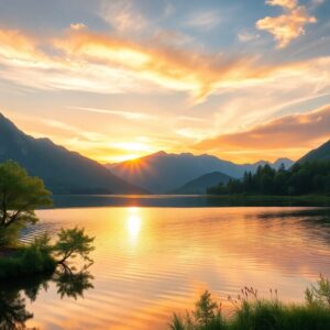 Serene Sunrise Over a Peaceful Lake – free AI stock image