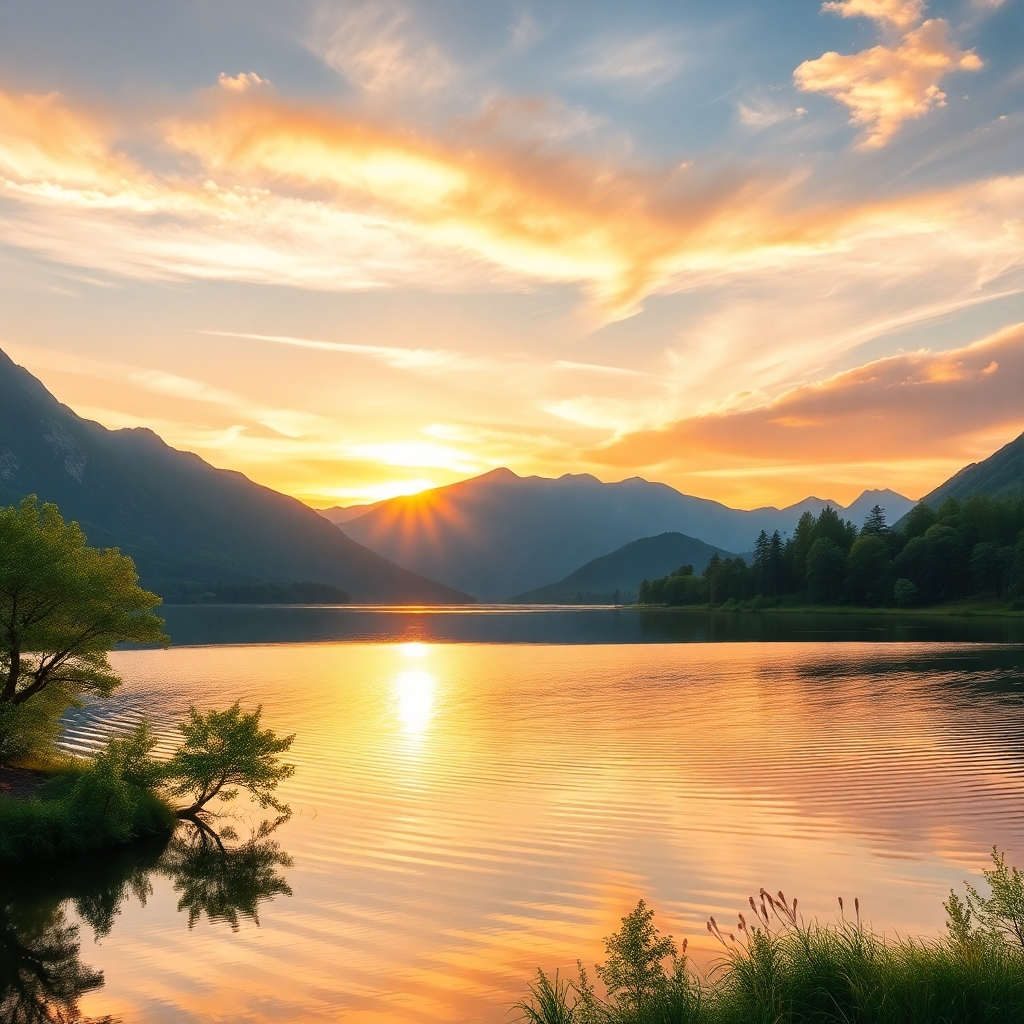 Serene Sunrise Over a Peaceful Lake – free AI stock image