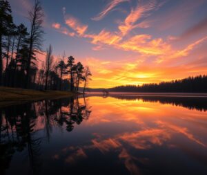 Serene Sunrise Over a Tranquil Lake – free AI stock image