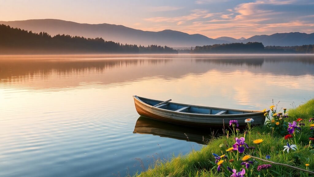 Serene Sunrise Over Enchanted Lake – free AI stock image