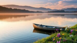 Serene Sunrise Over Enchanted Lake – free AI stock image