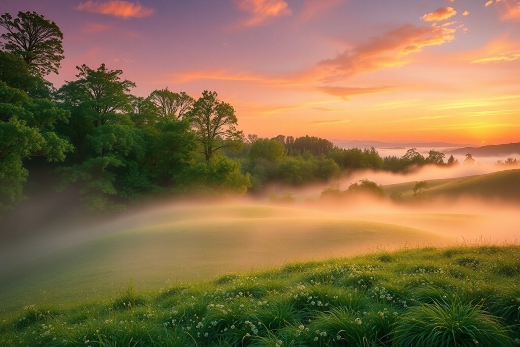 Serene Sunrise Over Gentle Forest Hills – free AI stock image