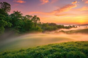 Serene Sunrise Over Gentle Forest Hills – free AI stock image