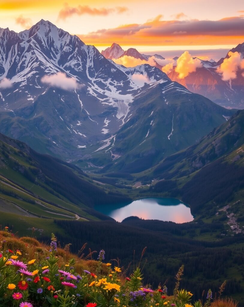 Serene Sunrise Over Majestic Mountain Range – free AI stock image
