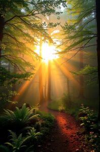 Serene Sunrise Over Misty Forest Trail – free AI stock image