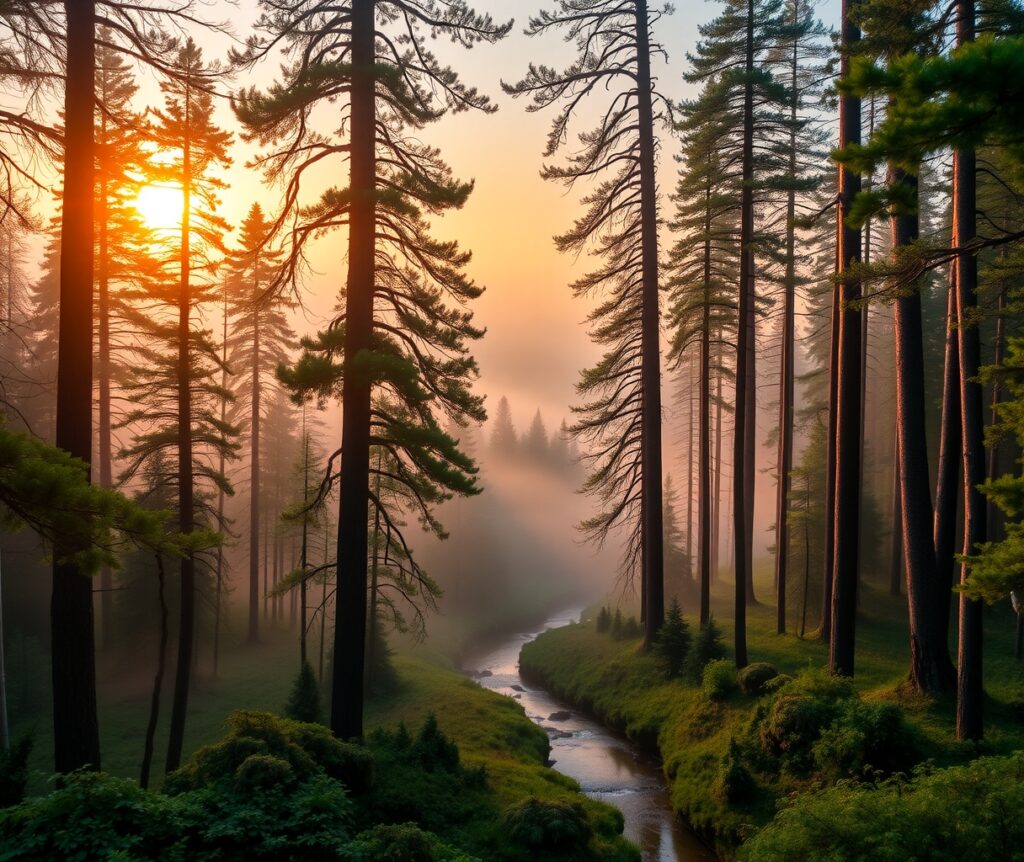 Serene Sunrise Over Misty Forest Valley – free AI stock image