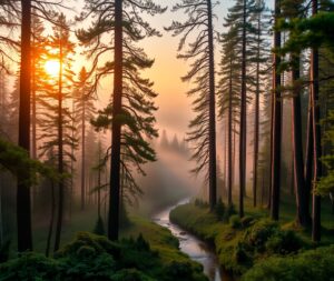 Serene Sunrise Over Misty Forest Valley – free AI stock image
