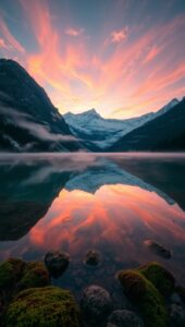 Serene Sunrise Over Misty Mountain Lake – free AI stock image