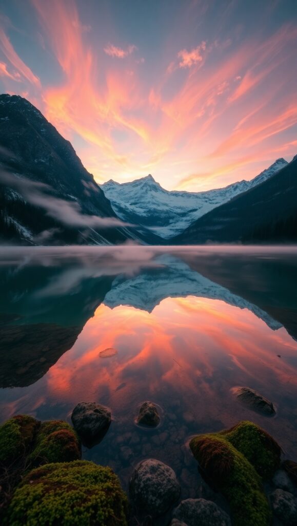 Serene Sunrise Over Misty Mountain Lake – free AI stock image