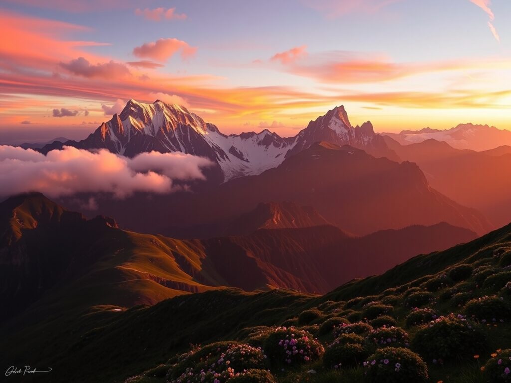 Serene Sunrise Over Misty Mountain Range – free AI stock image