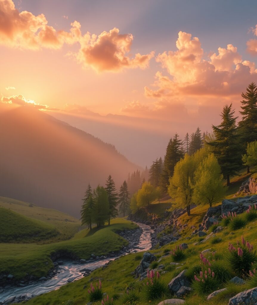 Serene Sunrise Over Misty Mountain Valley – free AI stock image