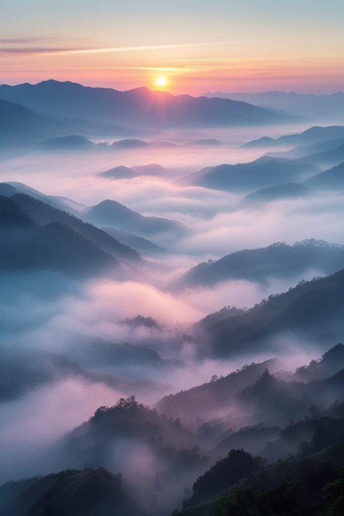 Serene Sunrise Over Misty Mountains – free AI stock image