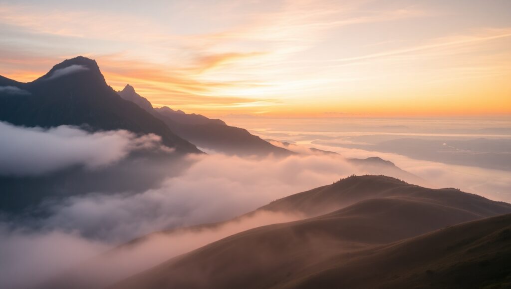 Serene Sunrise Over Misty Mountains – free AI stock image