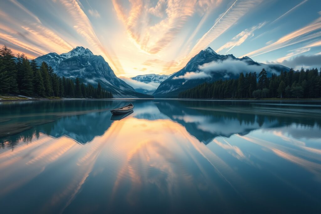 Serene Sunrise Over Mountain Lake – free AI stock image