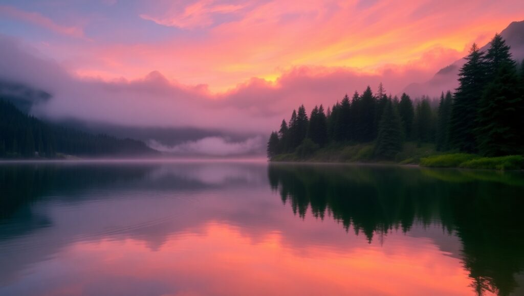 Serene Sunrise Over Mountain Lake A16 – free AI stock image