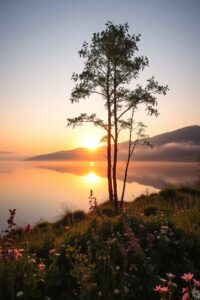 Serene Sunrise Over Tranquil Lake – free AI stock image