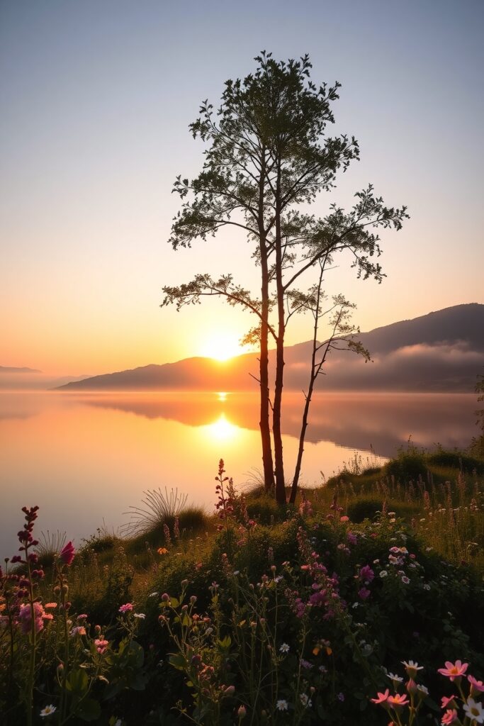 Serene Sunrise Over Tranquil Lake – free AI stock image