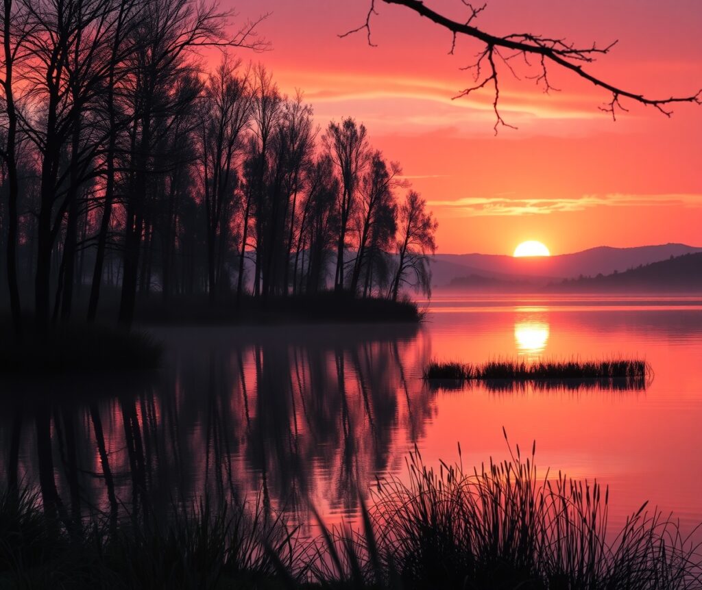 Serene Sunrise Over Tranquil Lake – free AI stock image