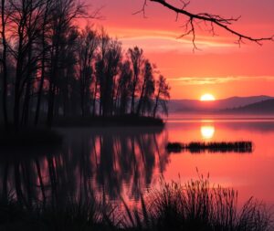 Serene Sunrise Over Tranquil Lake – free AI stock image
