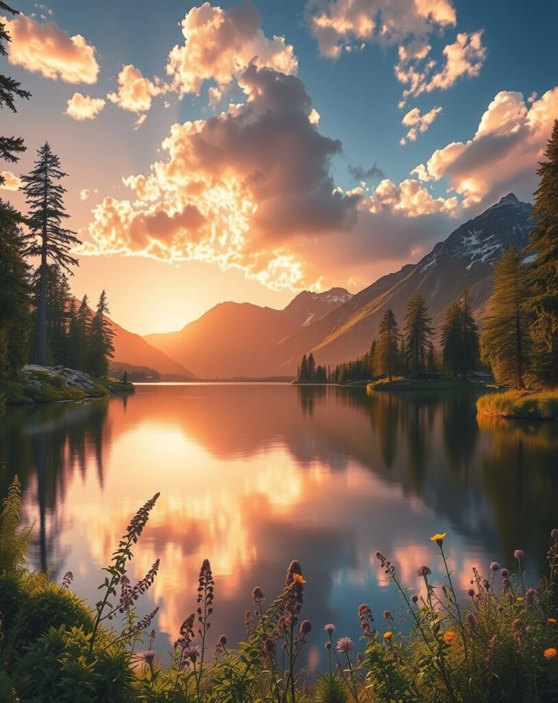 Serene Sunrise Over Tranquil Lake – free AI stock image