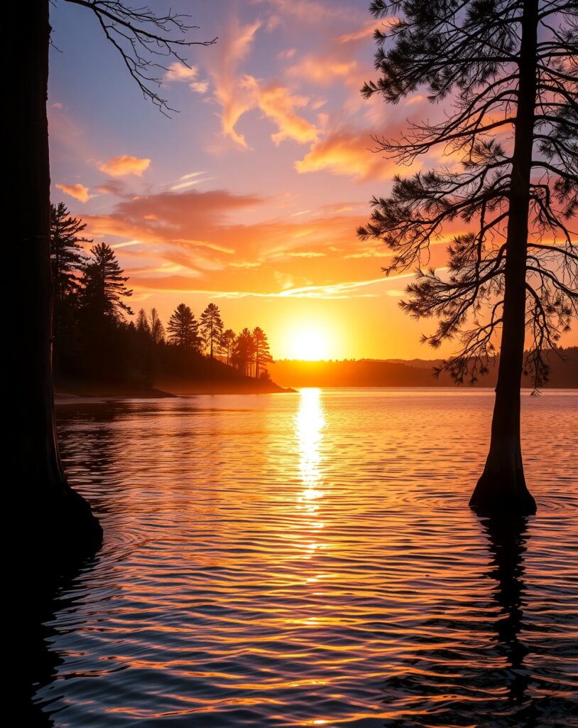 Serene Sunrise Over Tranquil Lake – free AI stock image