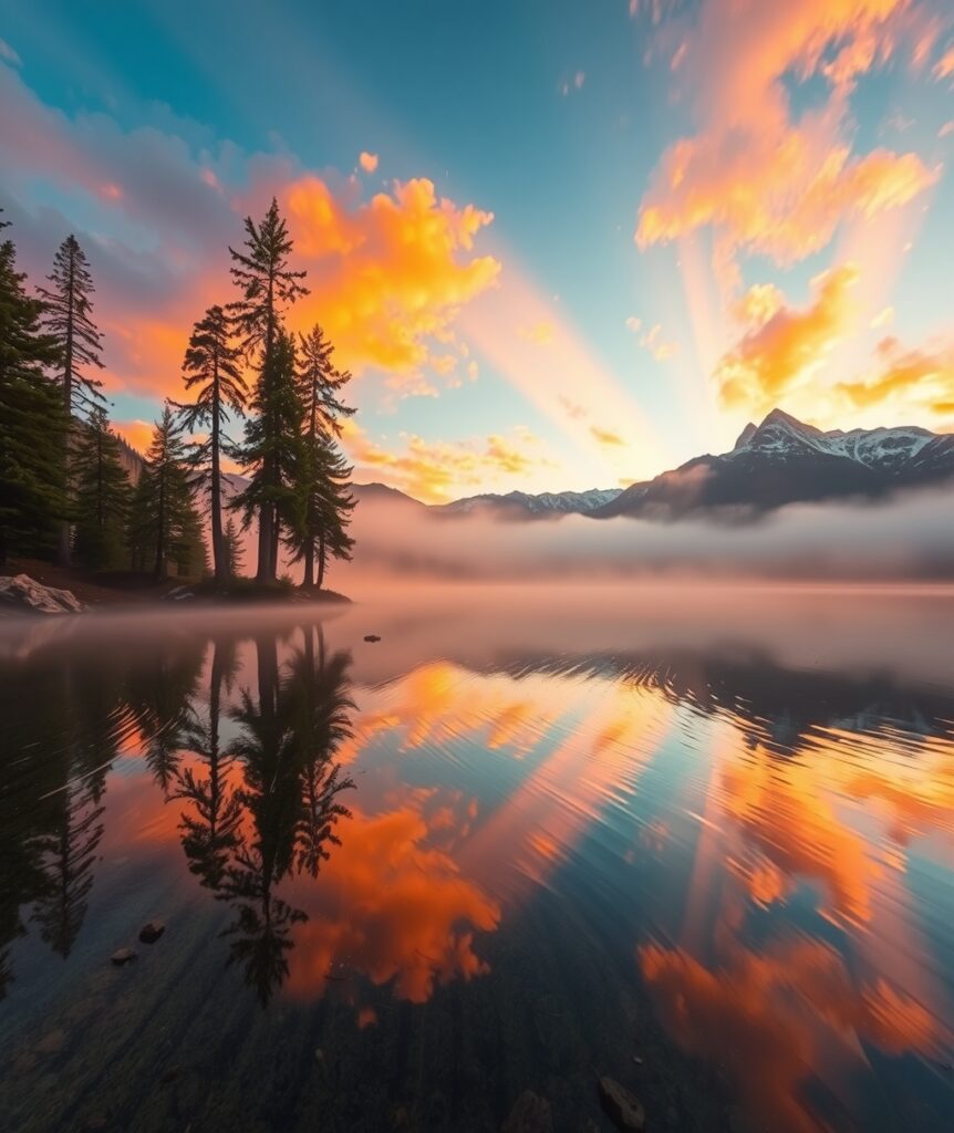 Serene Sunrise Over Tranquil Lake Landscape – free AI stock image