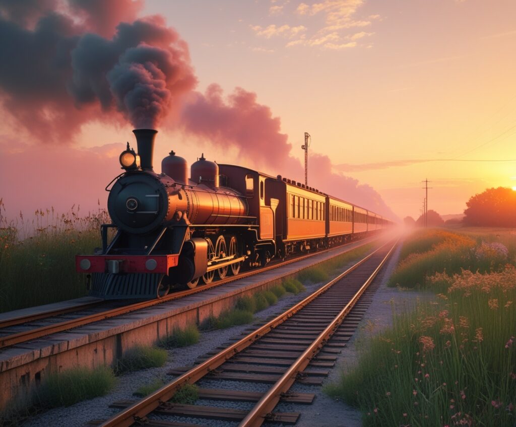 Serene Sunrise Over Vintage Steam Train – free AI stock image