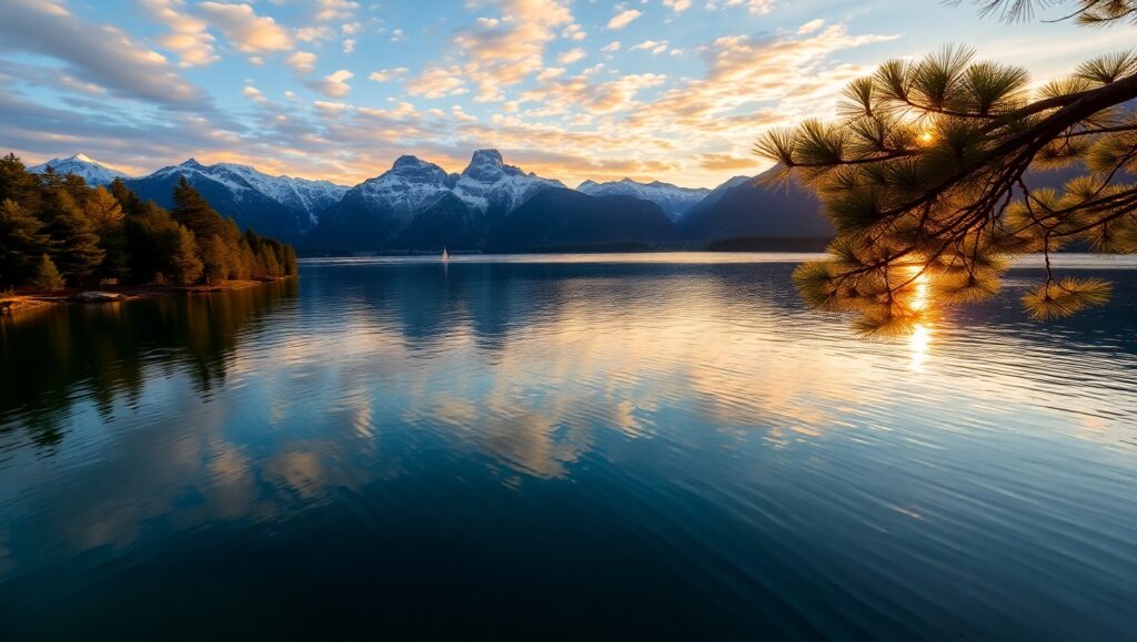 Serene Sunset at Mountain Lake – free AI stock image