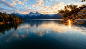Serene Sunset at Mountain Lake – free AI stock image