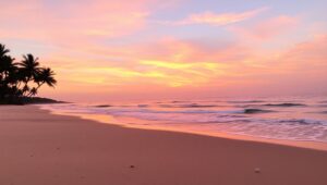 Serene Sunset Beach with Palms – free AI stock image