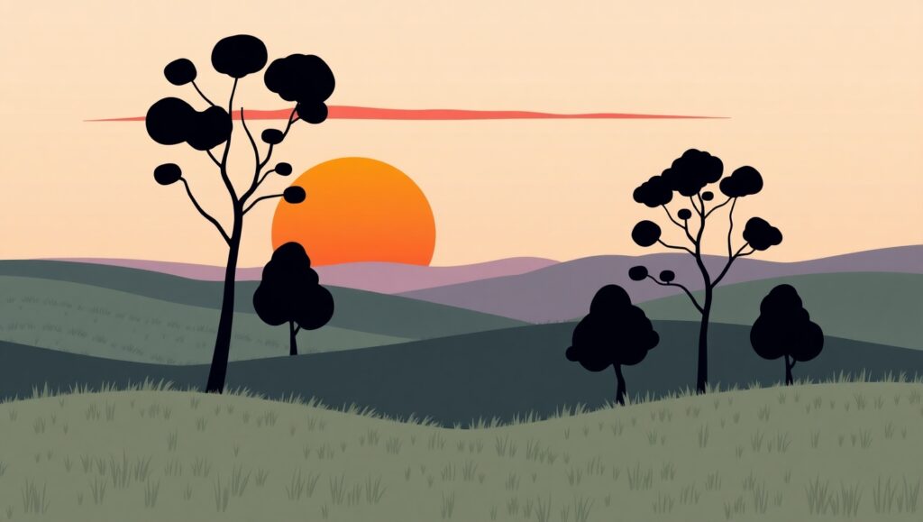 Serene Sunset Hills in Flat Design – free AI stock image