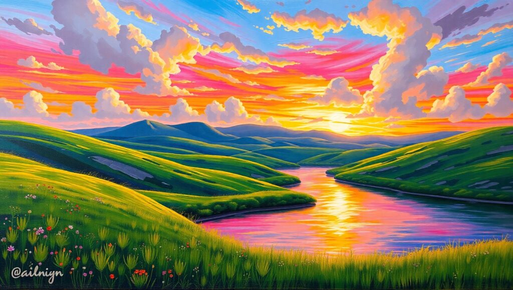 Serene Sunset Landscape in Acrylic – free AI stock image
