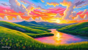 Serene Sunset Landscape in Acrylic – free AI stock image