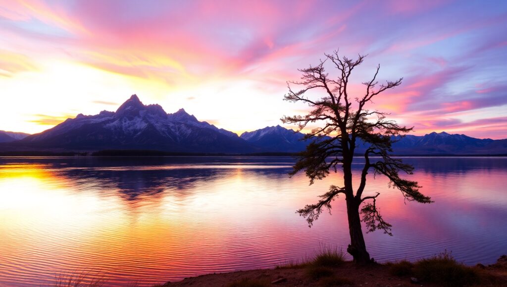 Serene Sunset Landscape Reflection – free AI stock image