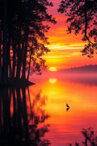 A Serene Sunset Over a Forest Lake – free AI stock image