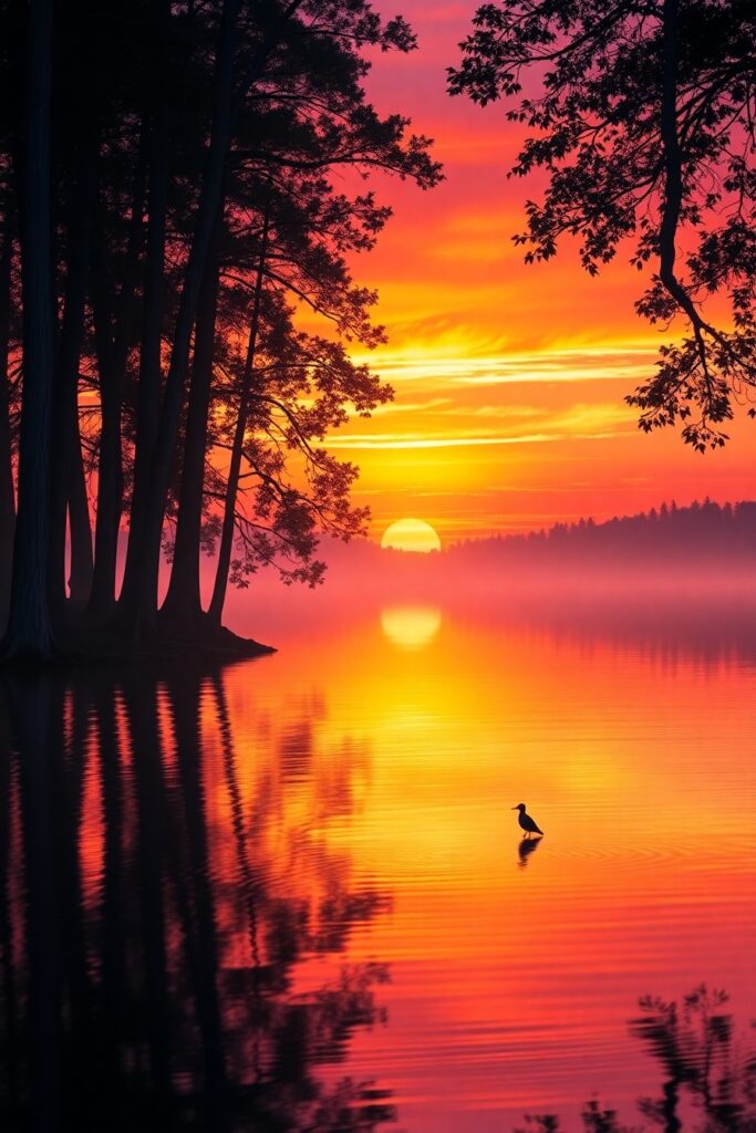 A Serene Sunset Over a Forest Lake – free AI stock image