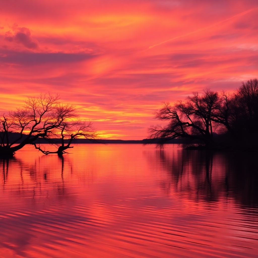 Serene Sunset Over a Quiet Lake – free AI stock image