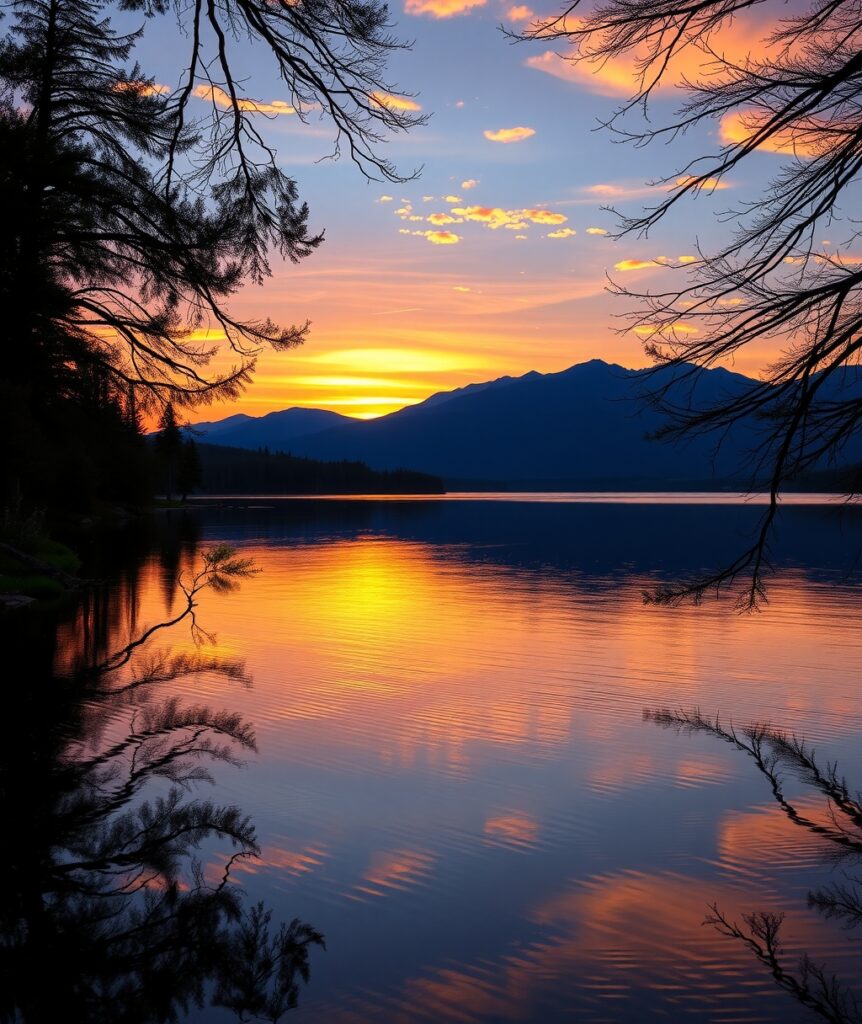 Serene Sunset Over a Tranquil Lake – free AI stock image