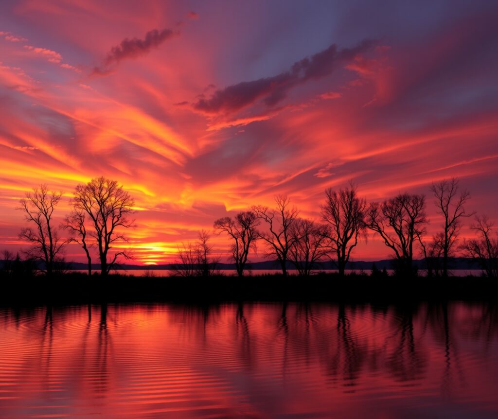 Serene Sunset Over a Tranquil Lake – free AI stock image