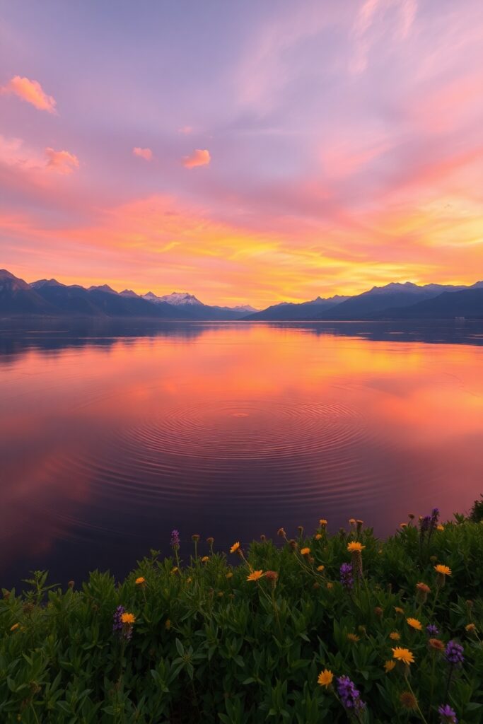 Serene Sunset Over a Tranquil Lake – free AI stock image