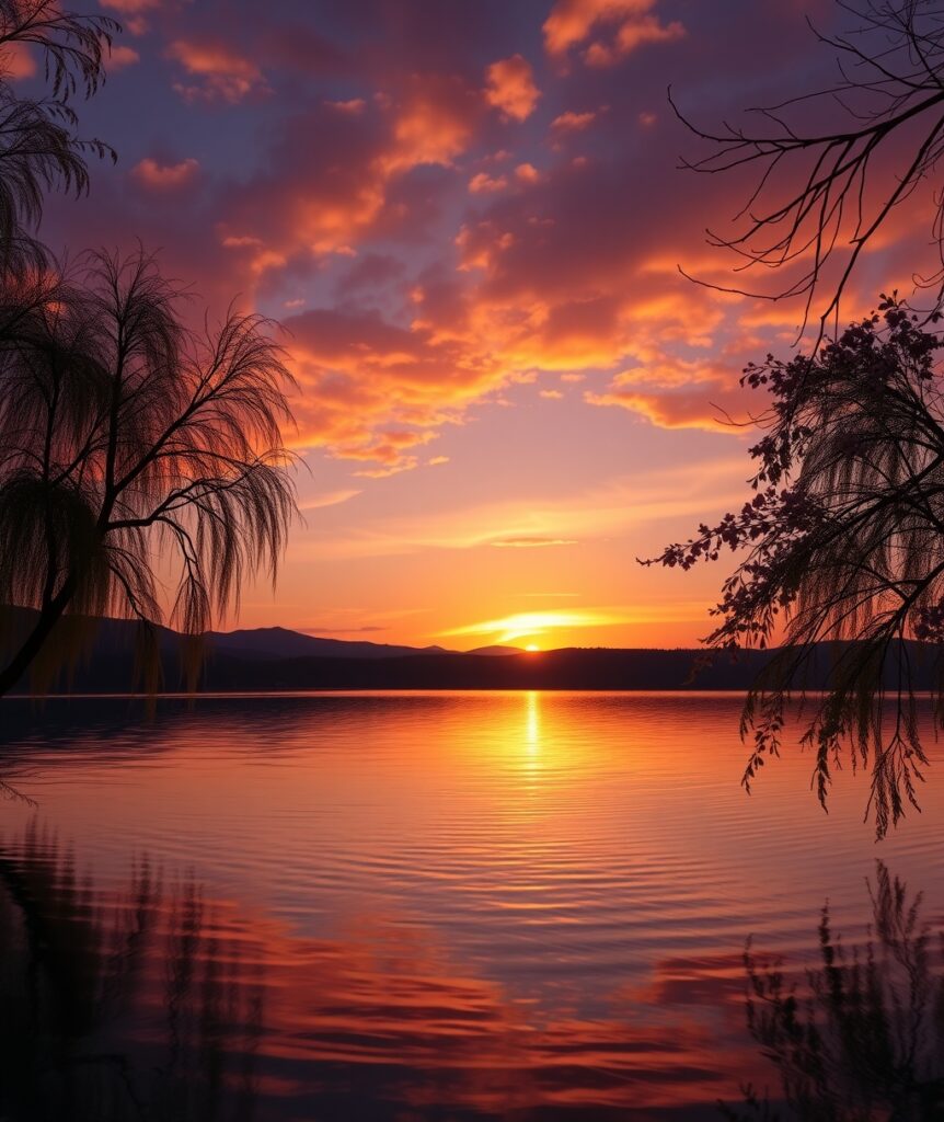 Serene Sunset Over a Tranquil Lake – free AI stock image