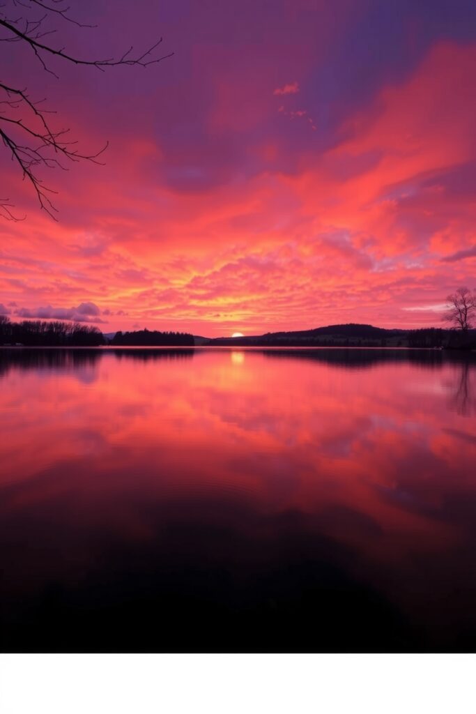 Serene Sunset Over a Tranquil Lake – free AI stock image