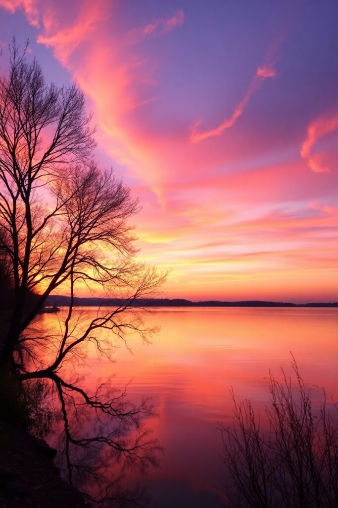 Serene Sunset Over a Tranquil Lake – free AI stock image