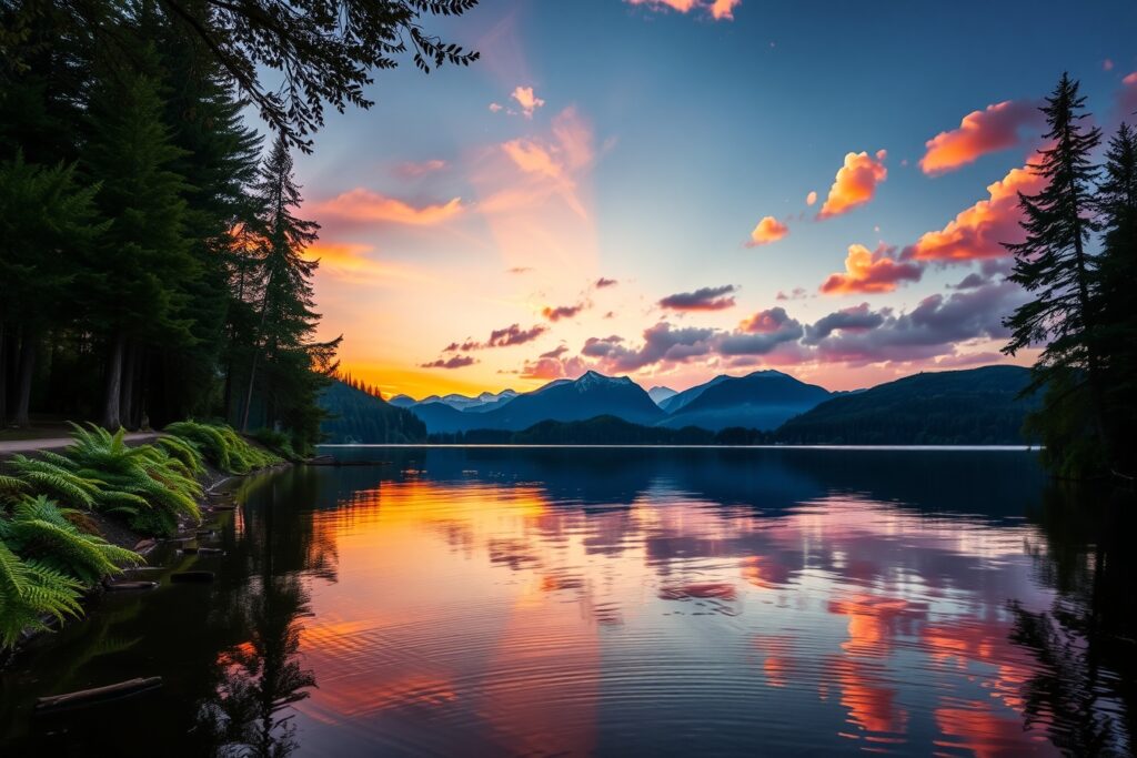Serene Sunset Over a Tranquil Lake – free AI stock image