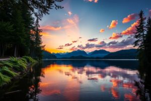 Serene Sunset Over a Tranquil Lake – free AI stock image