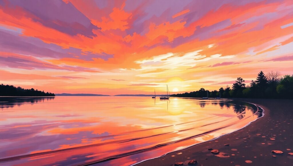 Serene Sunset Over a Tranquil Lake – free AI stock image