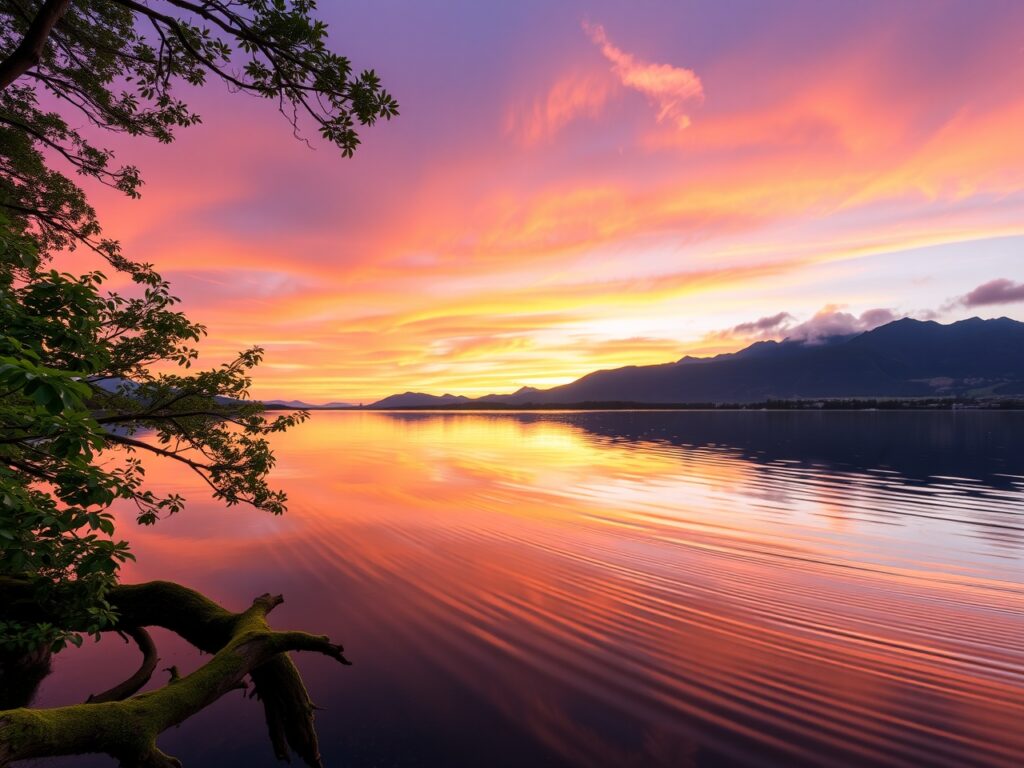 Serene Sunset Over Calm Lake – free AI stock image