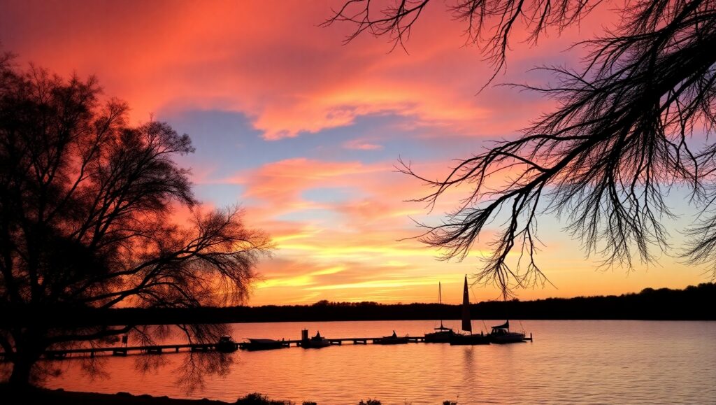 Serene Sunset Over Calm Lake – free AI stock image