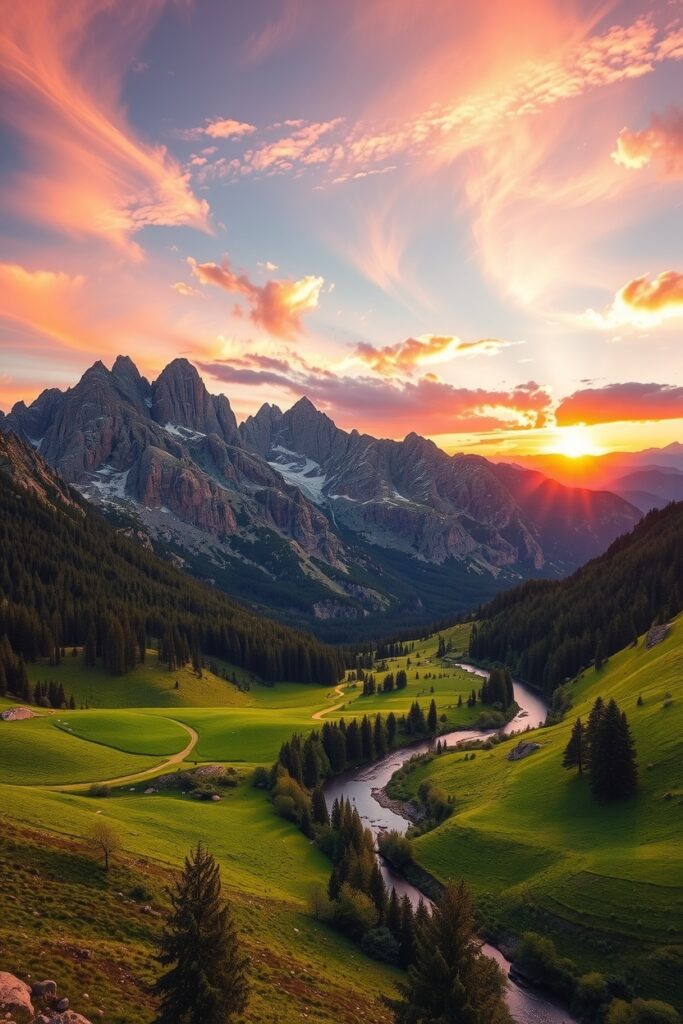 A Serene Sunset Over Majestic Mountains – free AI stock image
