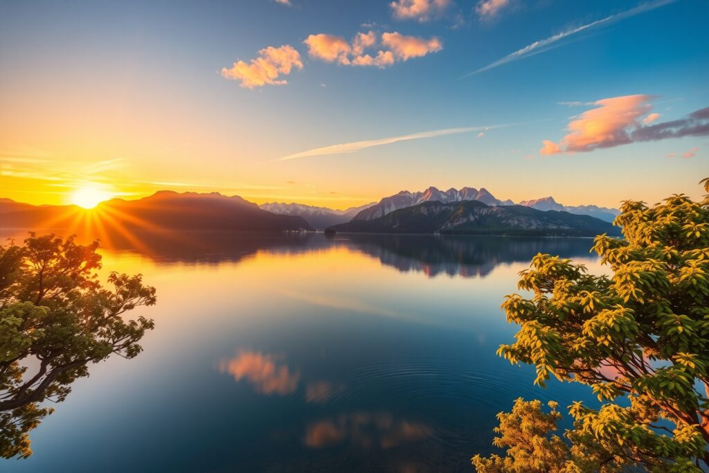 Serene Sunset Over Mountain Lake – free AI stock image